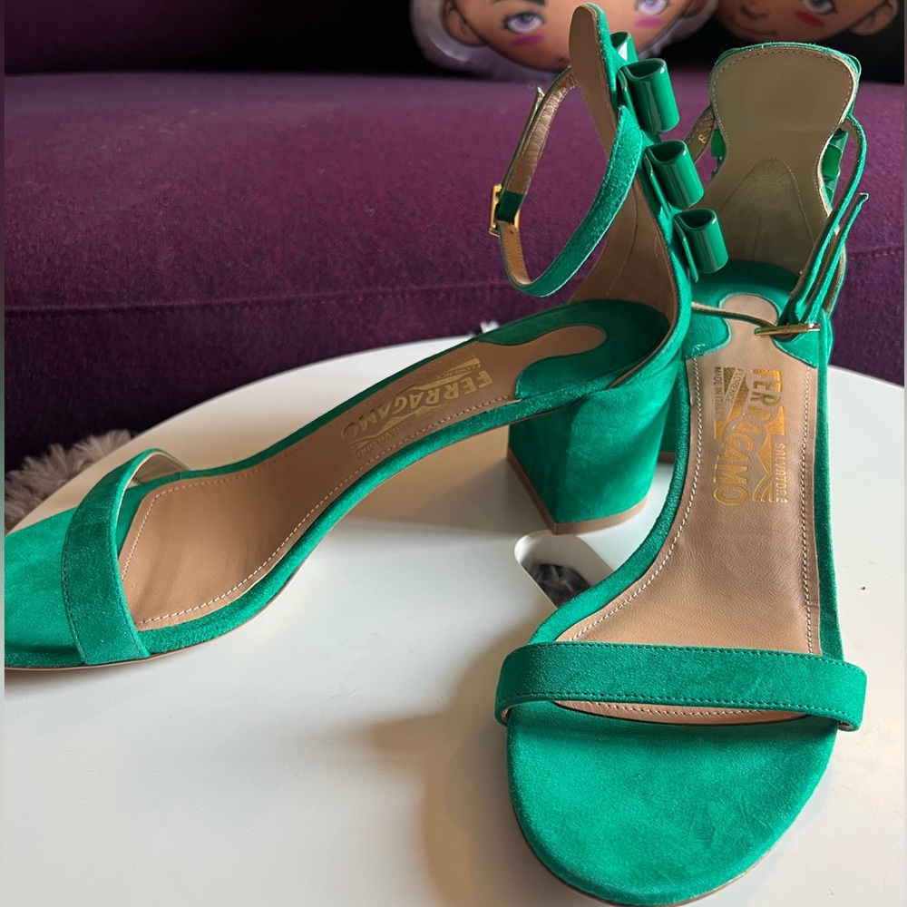 Green Suede Ferragamo Suede Sandals with Bows